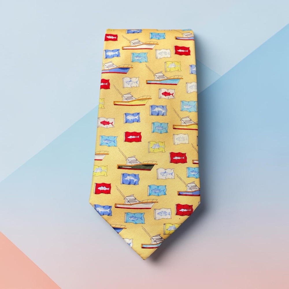 Fishing Boat Sportfishing Flags Necktie Yellow Silk Novelty Coastal Cruise